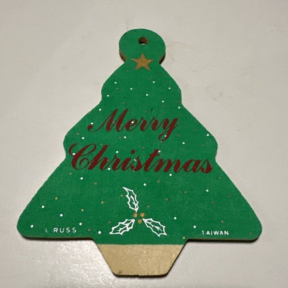 Vtg Christmas Tree Ornament Wooden Russ Wreath Present Tags